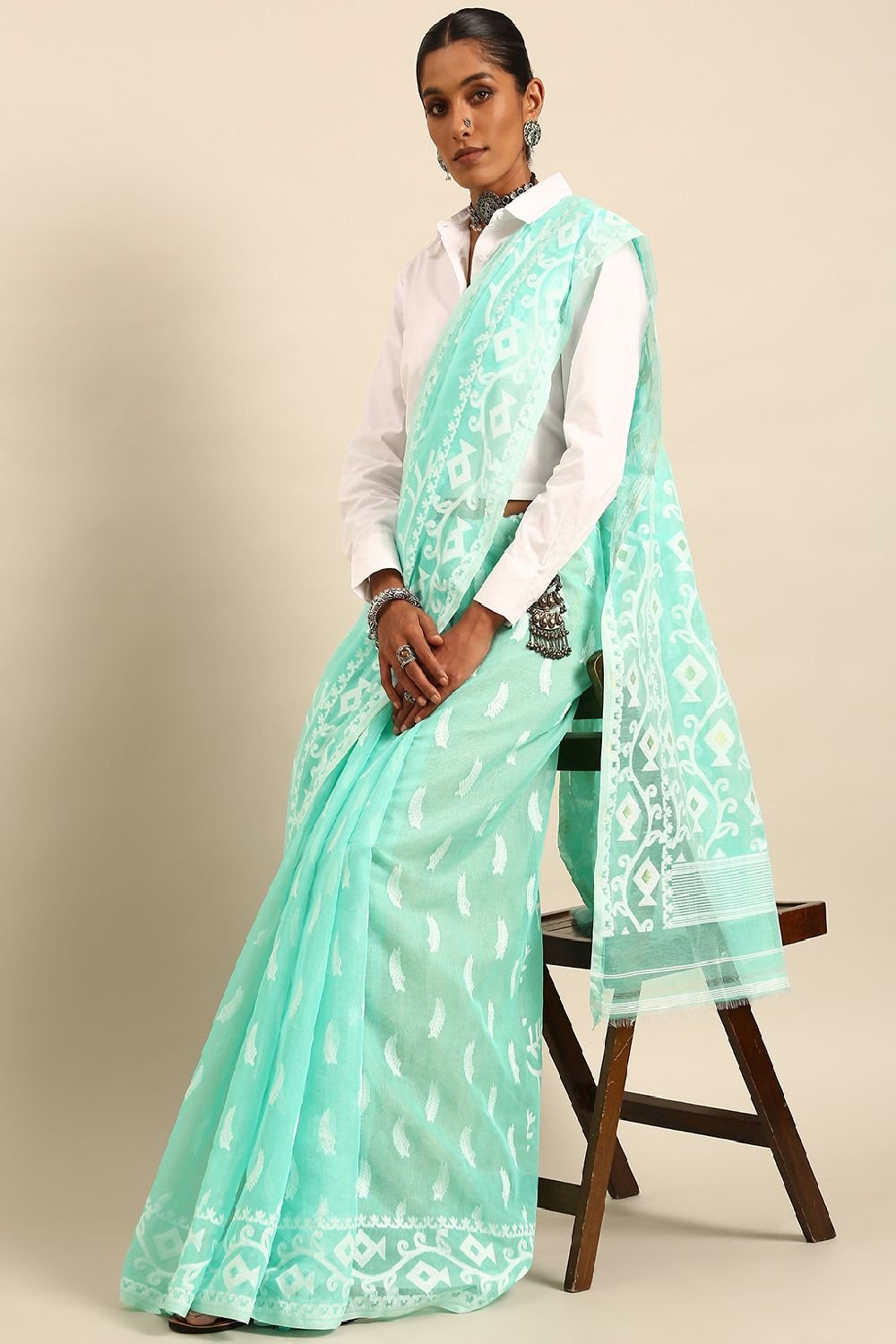 Sea Green Silk Blend Saree