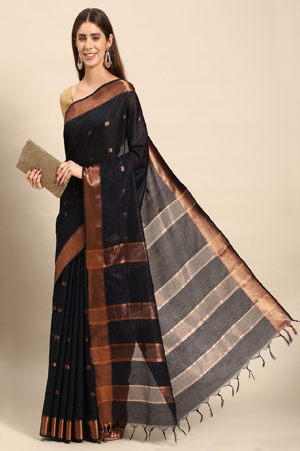 Navy Blue Silk Blend Saree