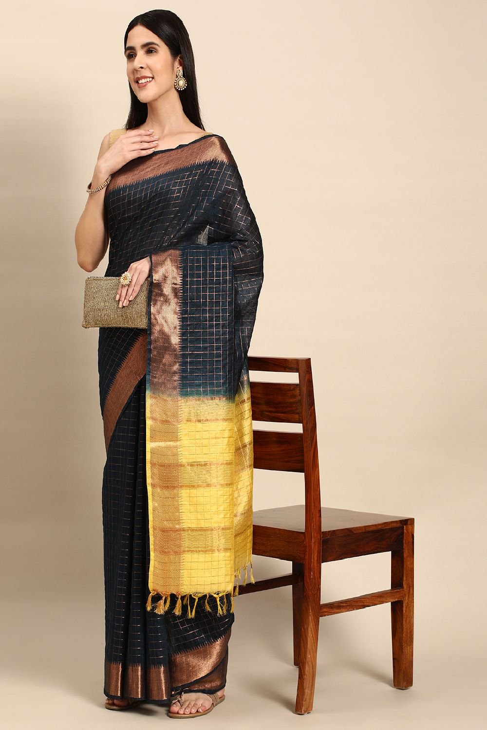 Navy Blue Silk Blend Saree