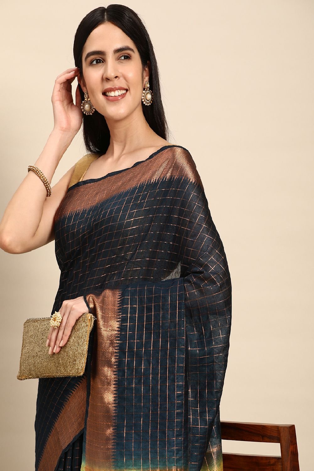 Navy Blue Silk Blend Saree