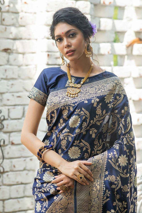 Blue Banarasi Katan Silk Zari Weaving Saree