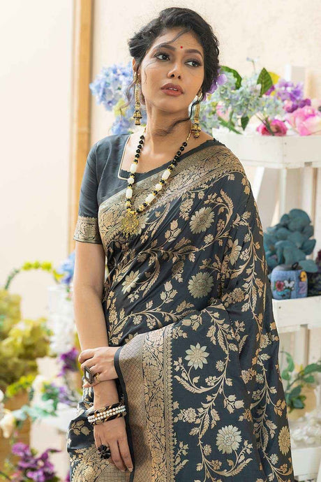 Grey Banarasi Katan Silk Zari Weaving Saree