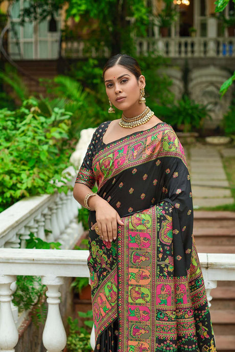 Black Pashmina Silk Weaving Saree