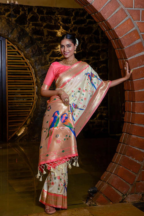 Cream Banarasi Silk Zari Weaving Saree