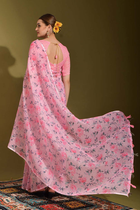 Pink Linen Zari Weaving Saree