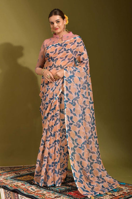 Orange Linen Zari Weaving Saree