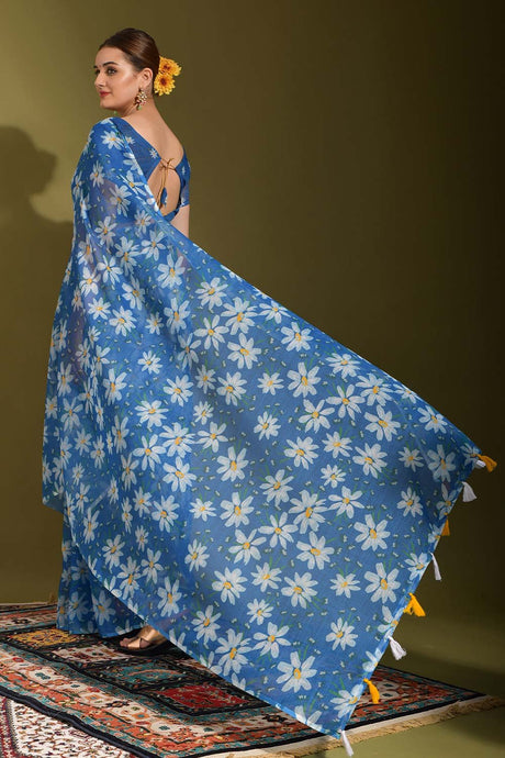 Blue Linen Zari Weaving Saree