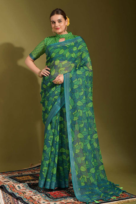 Green Linen Zari Weaving Saree