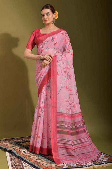 Pink Linen Zari Weaving Saree