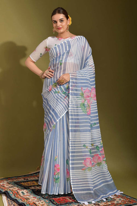 White Linen Zari Weaving Saree