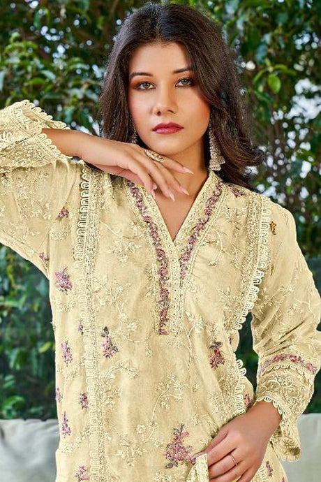 Cream Embroidered Georgette Pakistani Salwar Suit