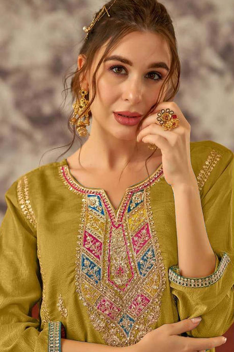 Mustard Embroidered Vichitra Pakistani Salwar Suit