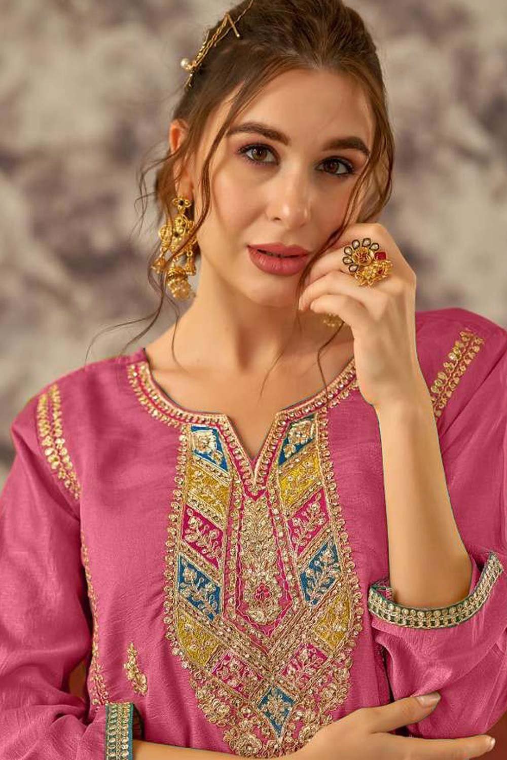 Pink Embroidered Vichitra Pakistani Salwar Suit