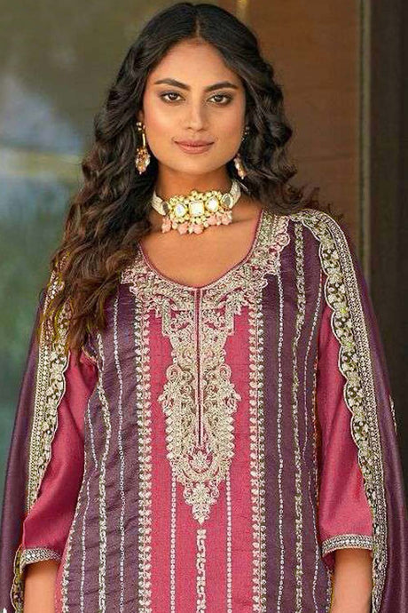 Purple Embroidered Vichitra Pakistani Salwar Suit