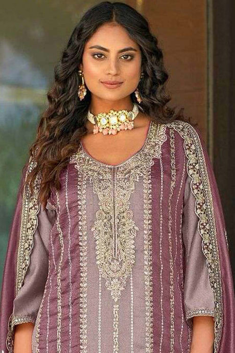 Mauve Embroidered Vichitra Pakistani Salwar Suit