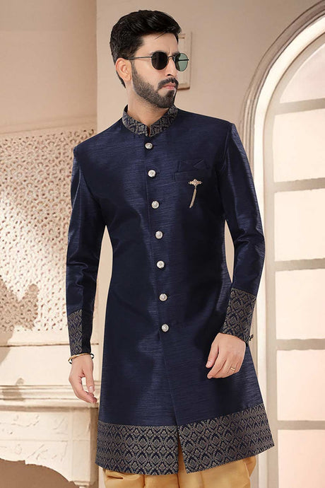 Navy Blue Silk Embroidered Sherwani Set