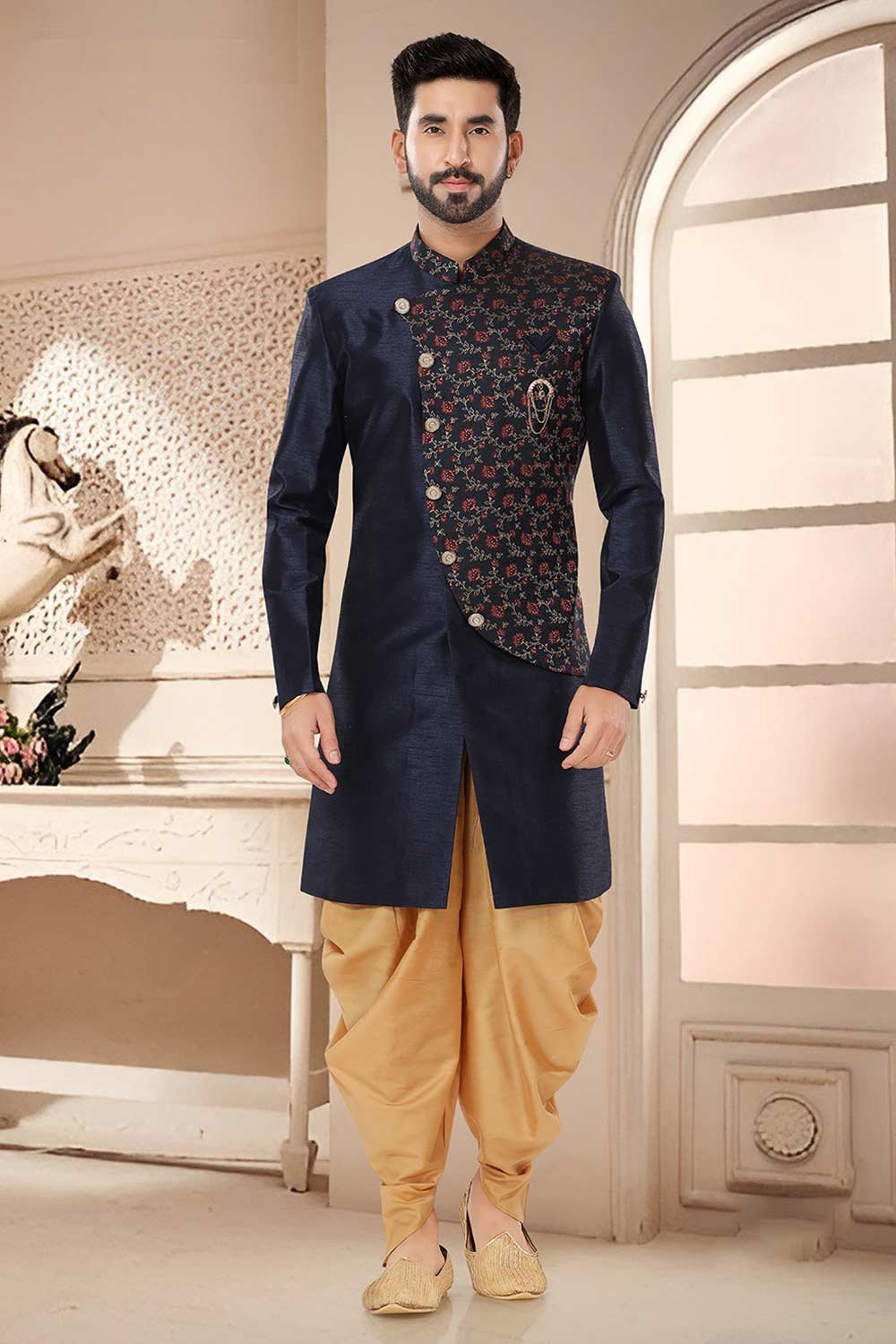 Navy Blue Silk Embroidered Sherwani Set