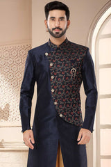 Navy Blue Silk Embroidered Sherwani Set