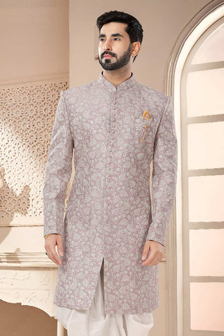 Pink Art Silk Embroidered Sherwani Set