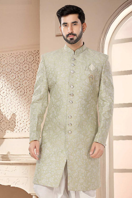 Light Pista Art Silk Embroidered Sherwani Set