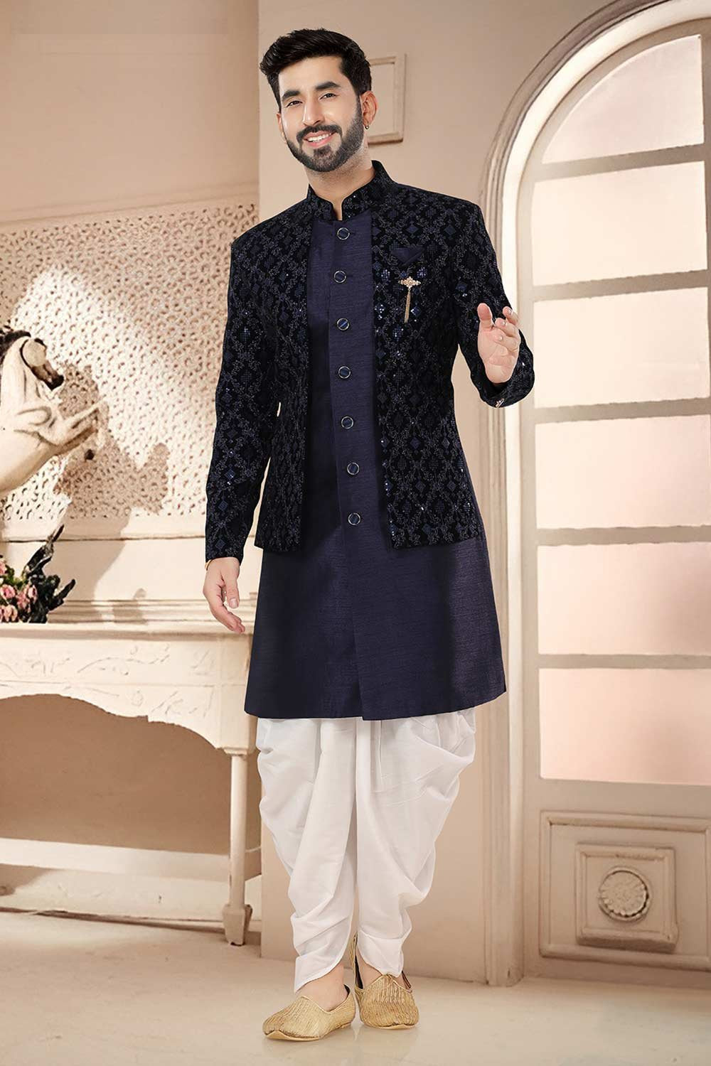 Navy Blue Silk Embroidered Sherwani Set