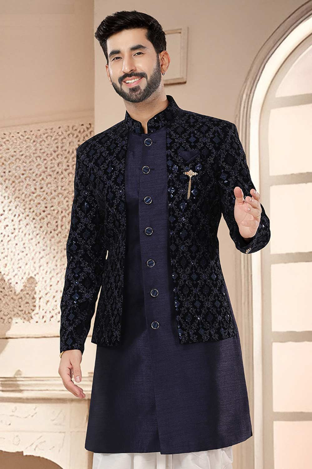 Navy Blue Silk Embroidered Sherwani Set