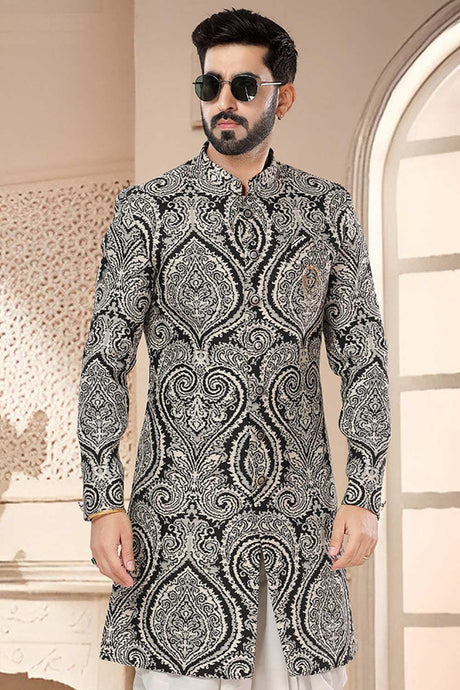 Black Woven Jacquard Embroidered Sherwani Set