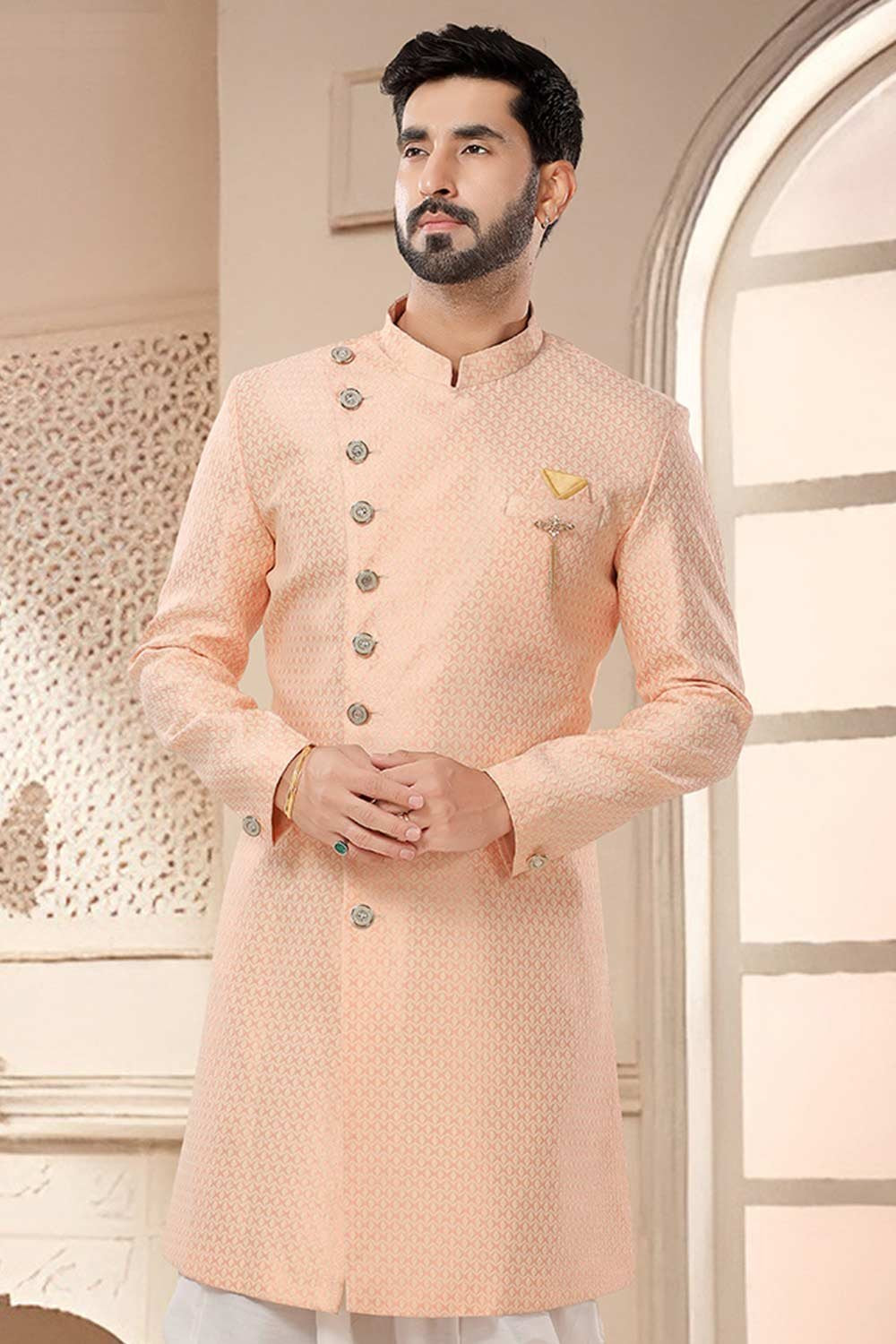 Pink Jacquard Embroidered Sherwani Set