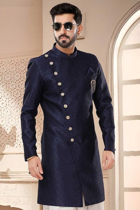 Navy Blue Jacquard Embroidered Sherwani Set