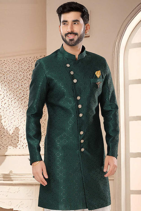 Green Jacquard Embroidered Sherwani Set