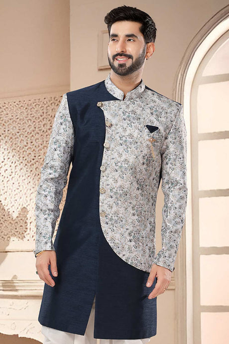 Navy Blue Silk Embroidered Sherwani Set