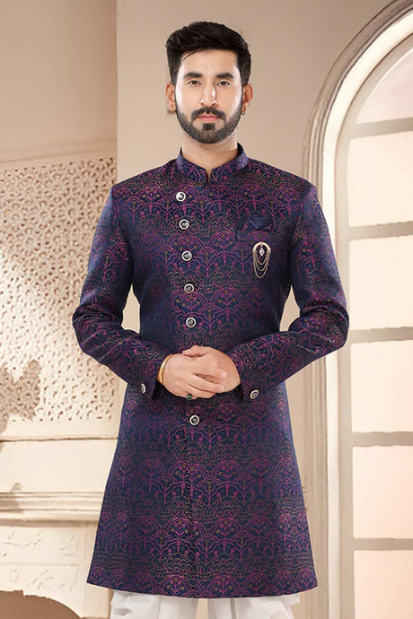 Blue Jacquard Embroidered Sherwani Set