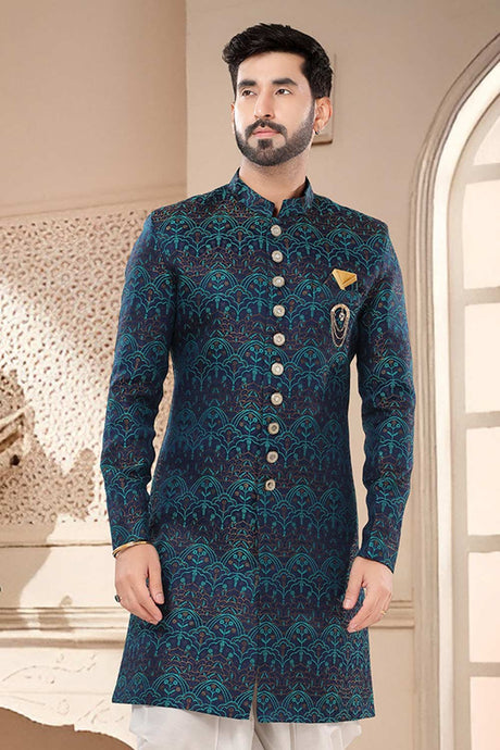 Blue Jacquard Embroidered Sherwani Set