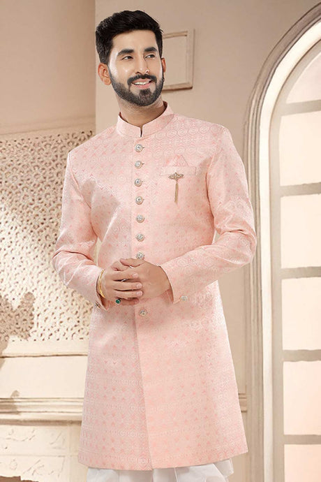 Pink Jacquard Embroidered Sherwani Set