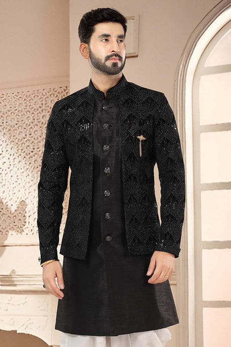 Black Silk Embroidered Sherwani Set
