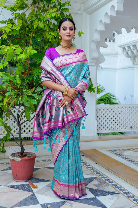 Sky Kanjivaram Silk Woven Saree