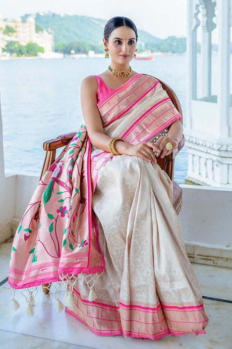 Cream Kanjivaram Silk Woven Saree