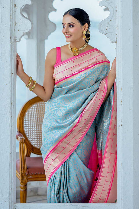 Sky Kanjivaram Silk Woven Saree