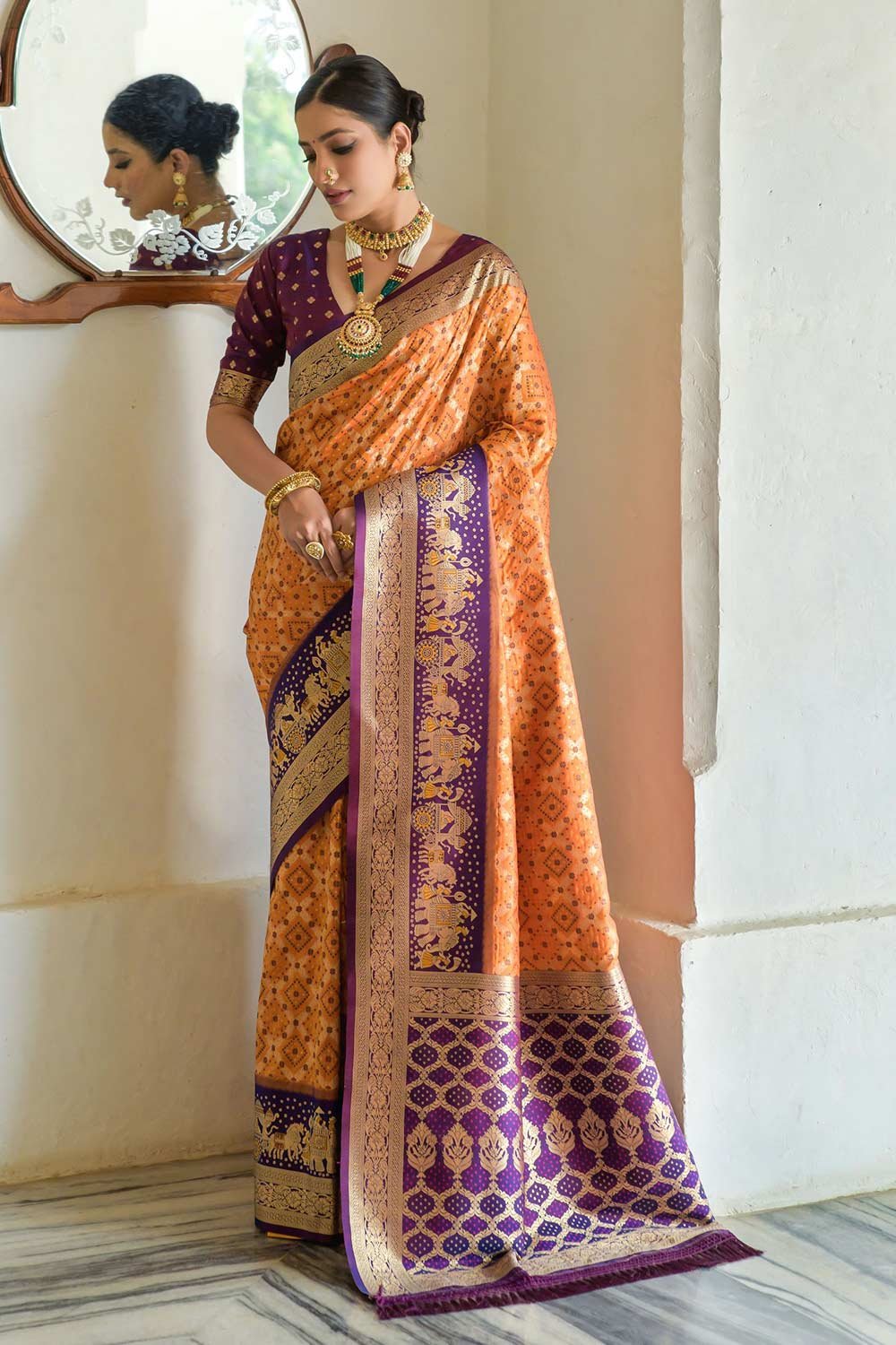 Orange Banarasi Katan Silk Zari Weaving Saree
