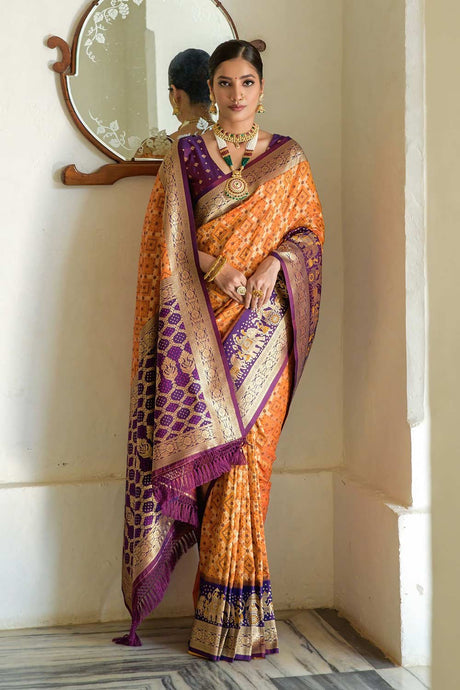 Orange Banarasi Katan Silk Zari Weaving Saree