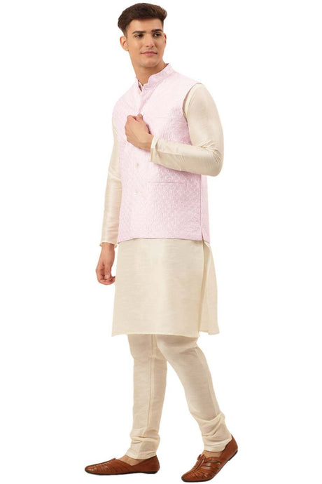 Men's Pink Woven Design Nehru Jacket And Kurta Pyjama Set