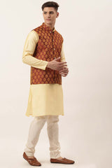Men's Maroon Woven Design Nehru Jacket And Kurta Pyjama Set
