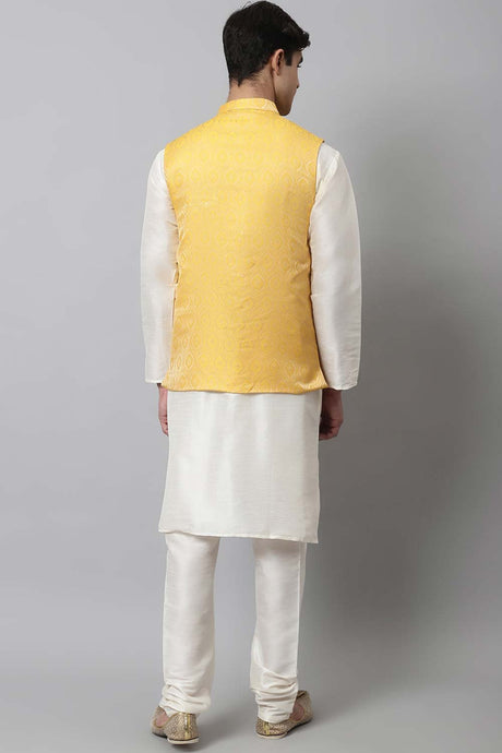 Men's Yellow Solid Kurta Pyjama With Yellow Woven Design Nehru Jacket