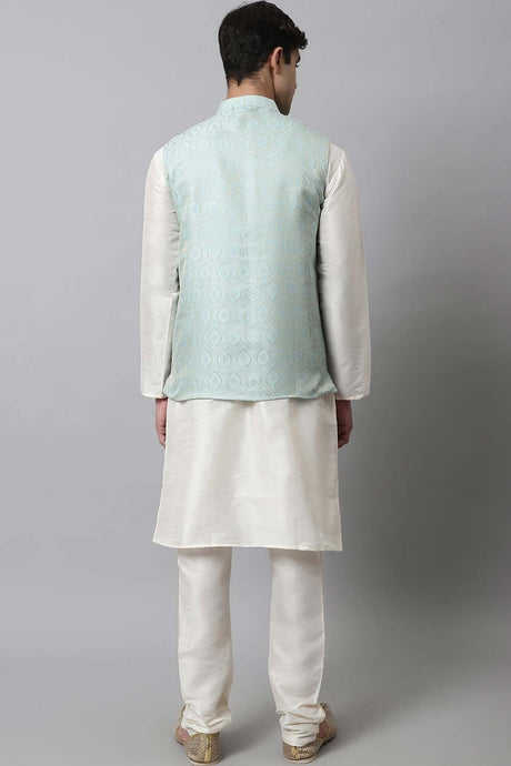 Men's Sky Solid Kurta Pyjama With Sky Blue Woven Design Nehru Jacket