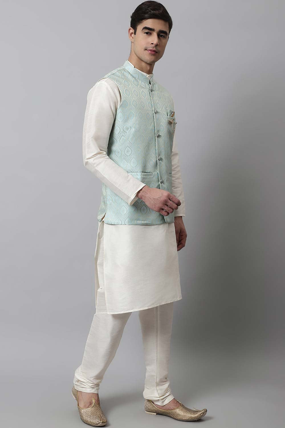 Men's Sky Solid Kurta Pyjama With Sky Blue Woven Design Nehru Jacket