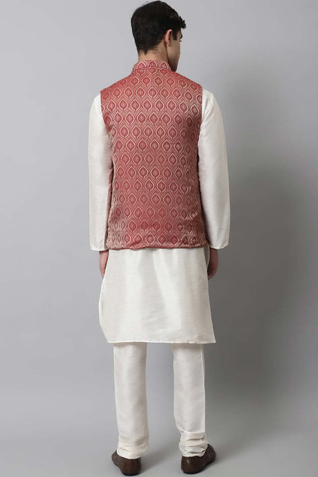 Men's Maroon Solid Kurta Pyjama With Maroon Woven Design Nehru Jacket