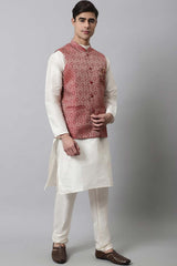 Men's Maroon Solid Kurta Pyjama With Maroon Woven Design Nehru Jacket
