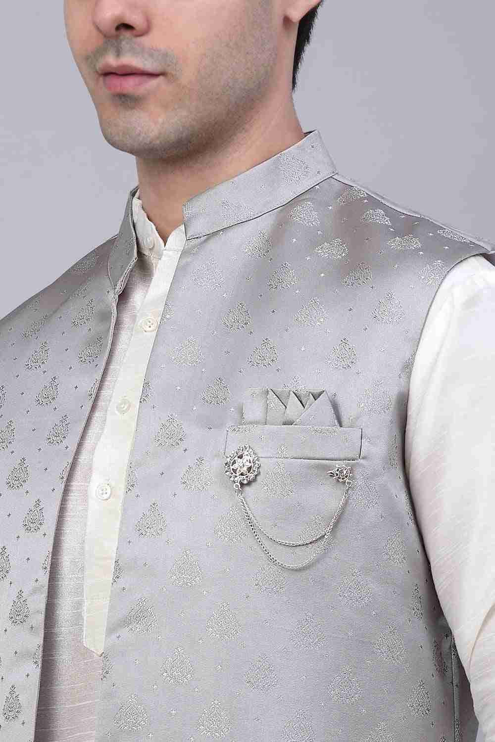 Men's Grey Solid Kurta Pyjama With Shrug Jacket