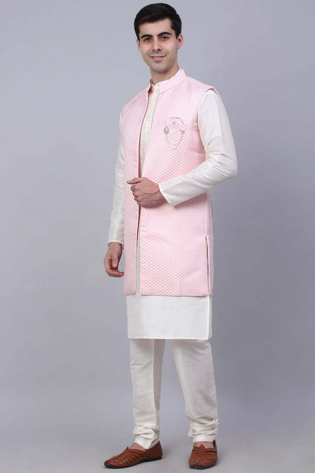 Men's Pink Solid Kurta Pyjama With Shrug Jacket