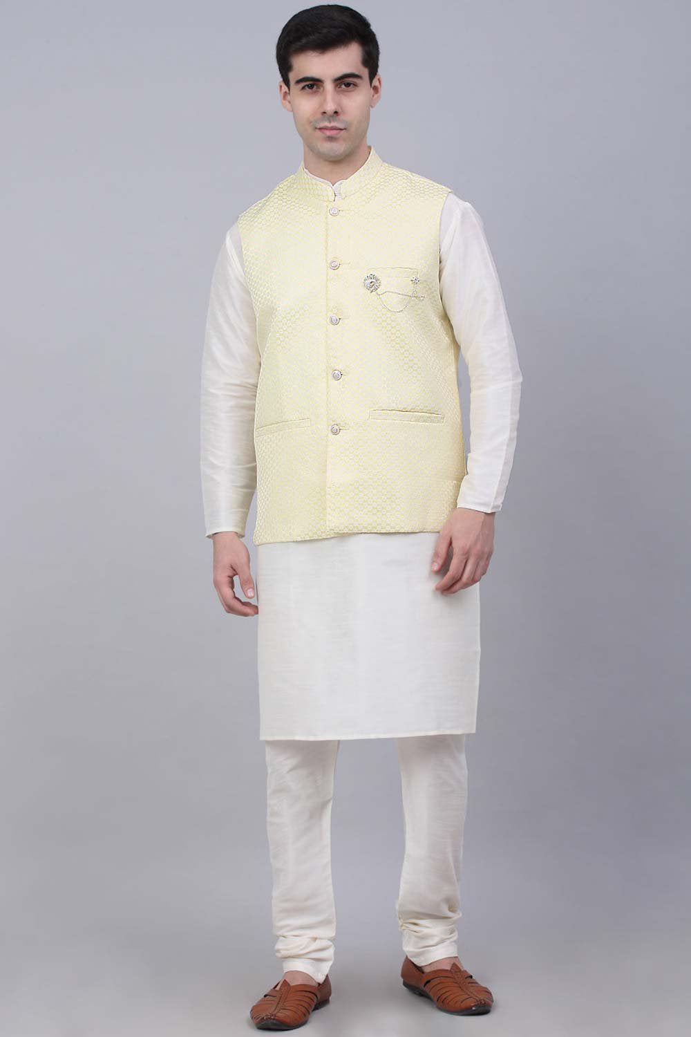 Men's Yellow Solid Kurta Pyjama With Woven Design Nehru Jacket